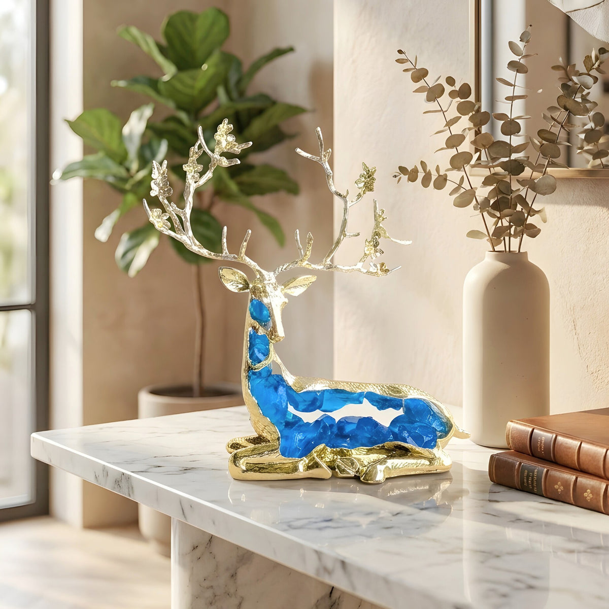 Mystique sitting deer showpiece styled on a marble console table