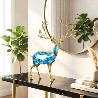Mystique standing blue deer showpiece styled on a black console table