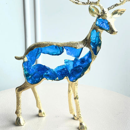 Close-up of Mystique standing blue resin deer showpiece with gold-toned detailing