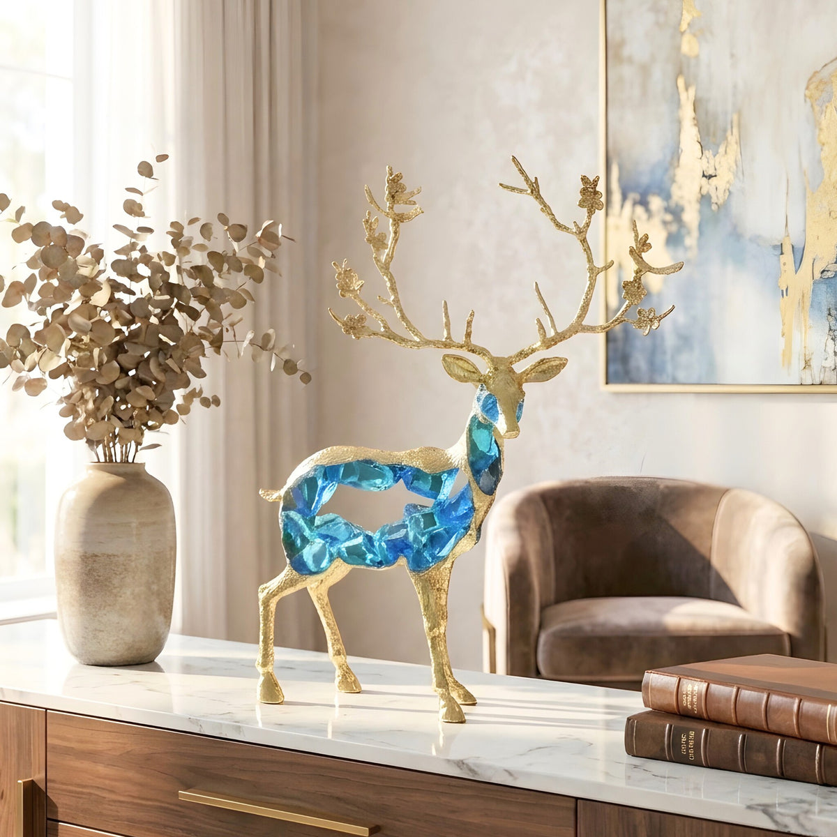 Mystique standing deer showpiece styled on a contemporary sideboard