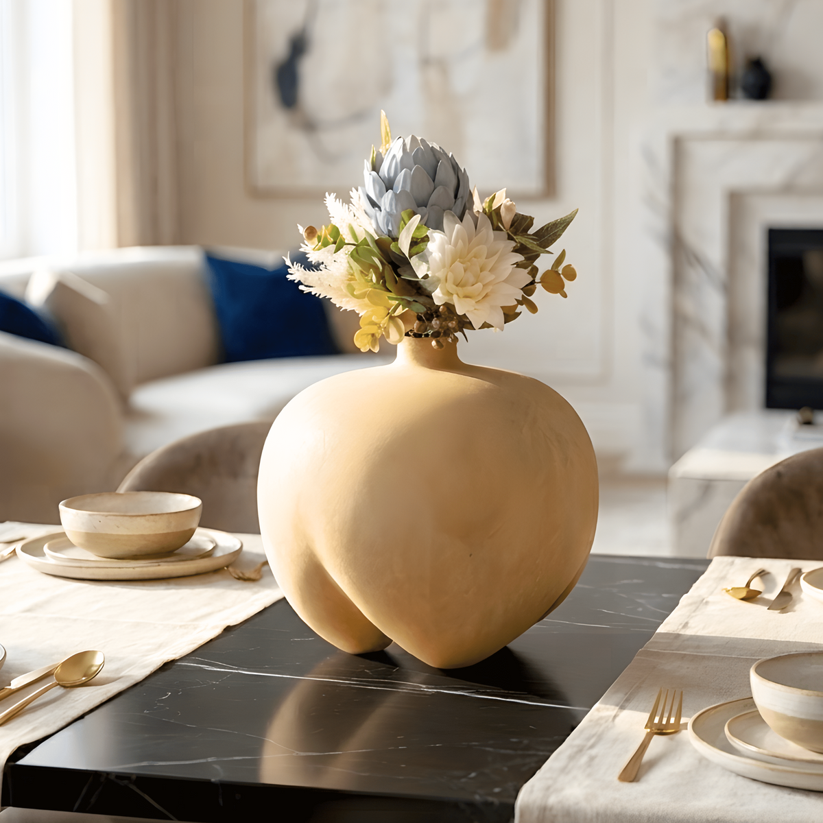 Ovelle warm sand ceramic vase styled for luxury living room and console decor