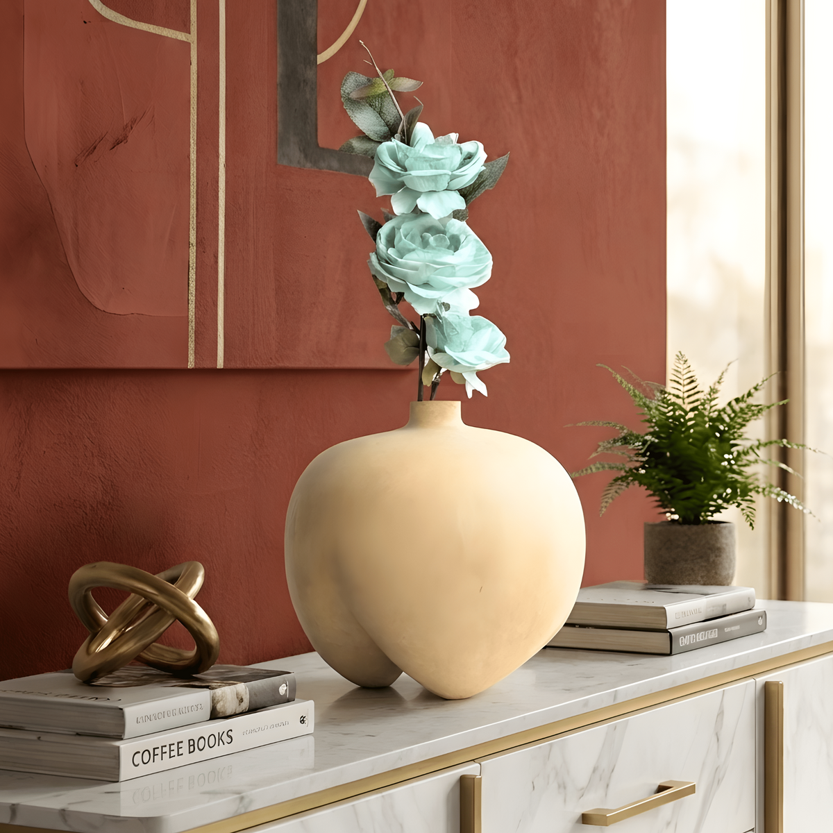 Ovelle warm sand ceramic vase styled for luxury living room and console decor