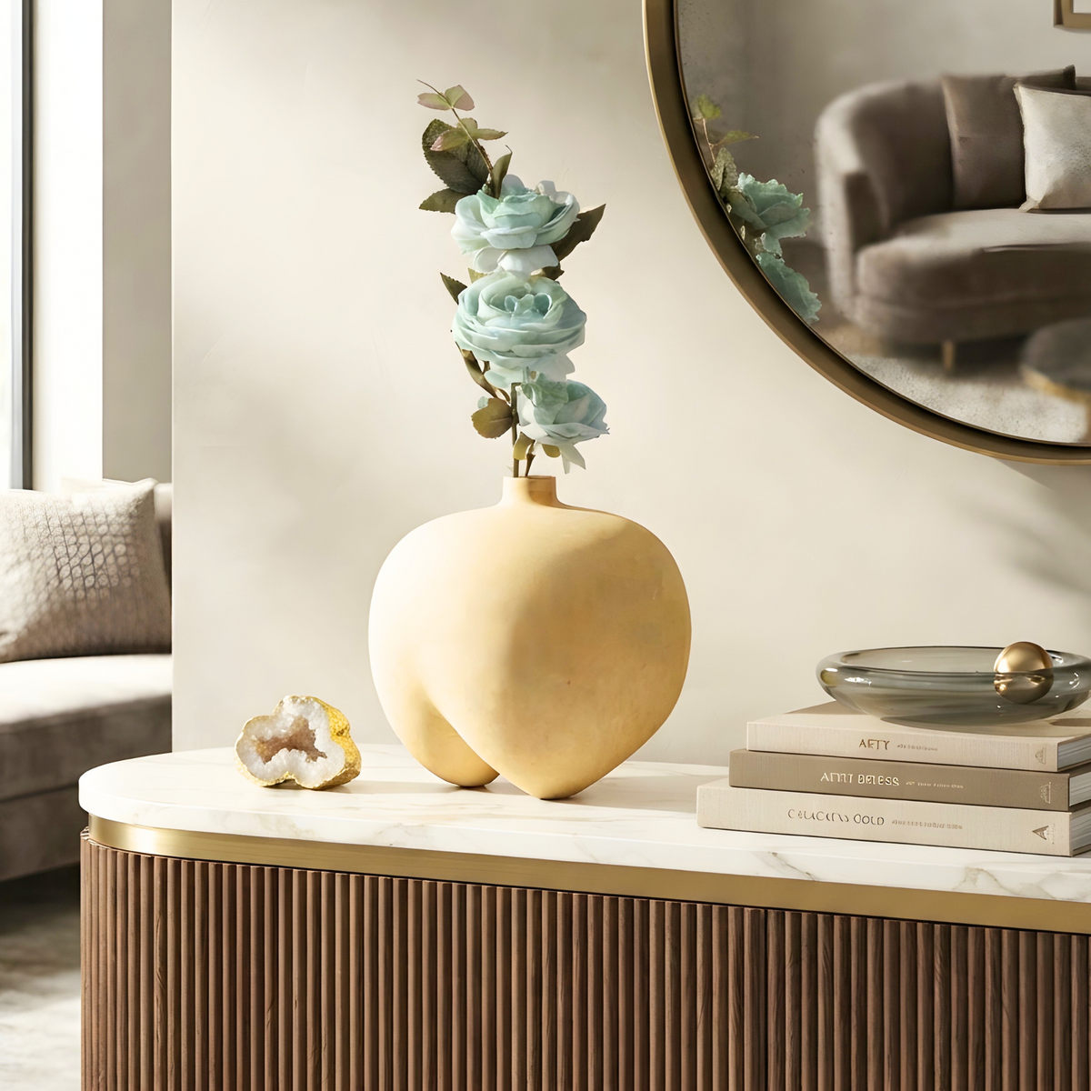 Ovelle warm sand ceramic vase styled for luxury living room and console decor
