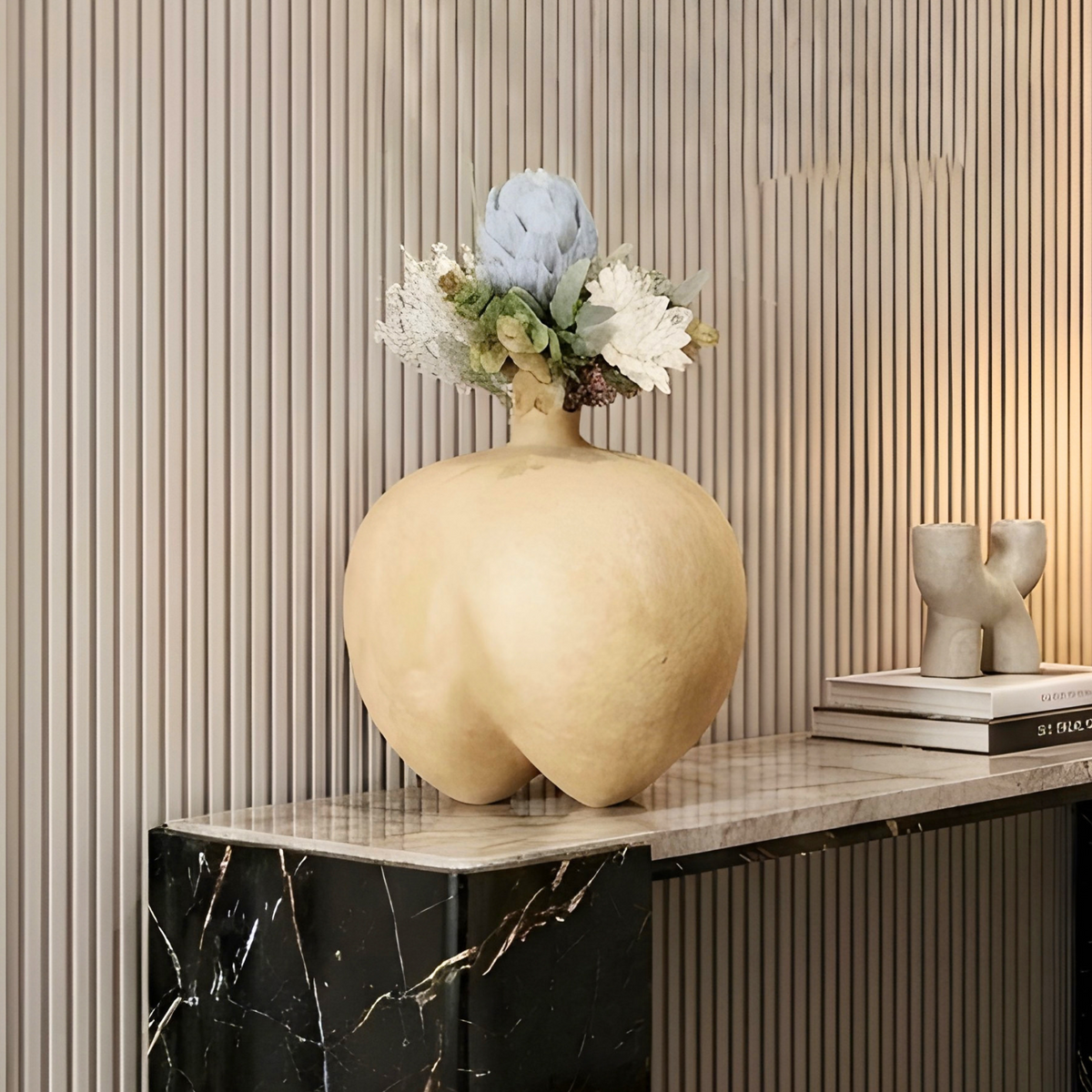 Ovelle warm sand ceramic vase styled for luxury living room and console decor