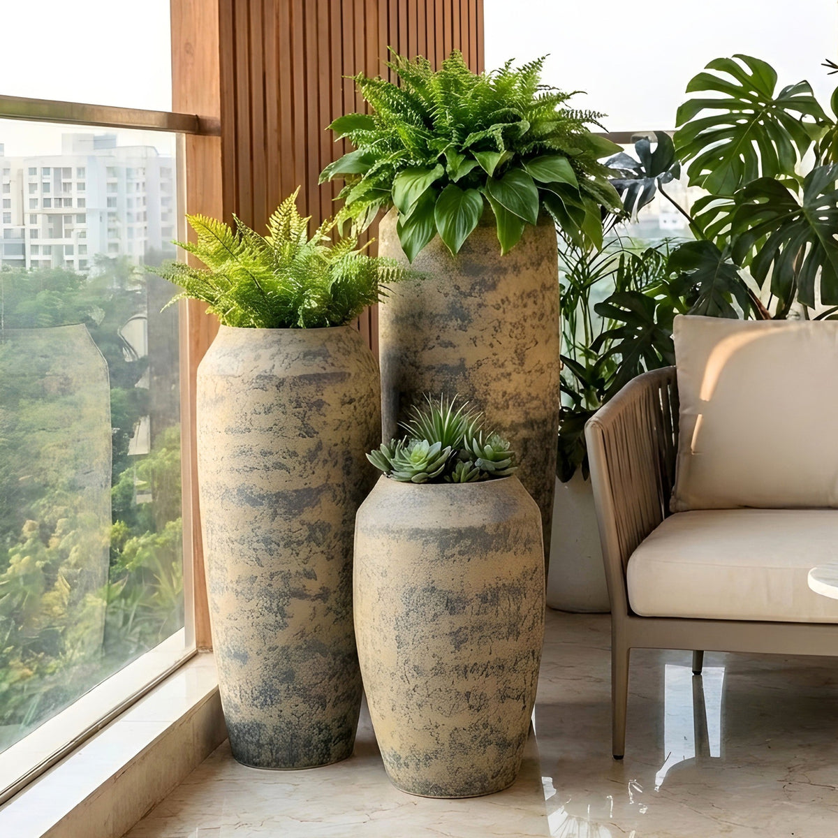 Patina ceramic floor pots styled with green plants on a modern balcony