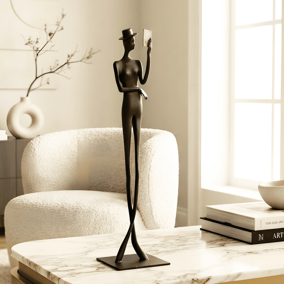Poise metal gentleman figurine styled on a modern coffee table