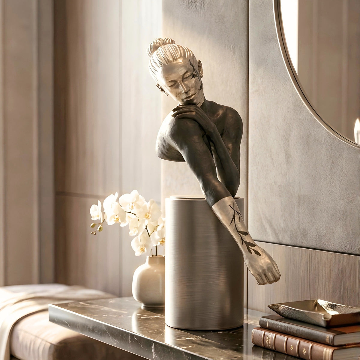 Poise sculptural woman figurine styled on a modern bedroom sideboard