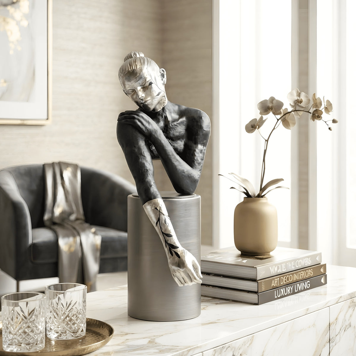 Poise resting woman showpiece styled on a marble coffee table