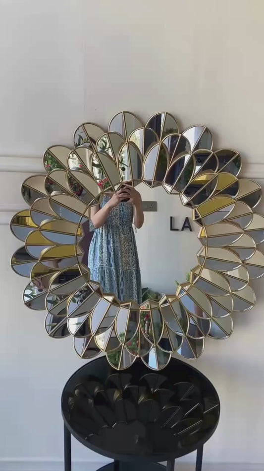 Floral Reflections - Flower Shaped Gold Finish Wall Mirror ~ 3 ft Dia