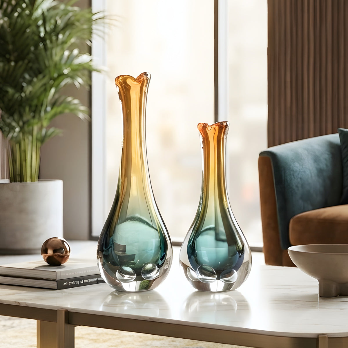 Prism multicolour handcrafted glass vases styled together on a centre table
