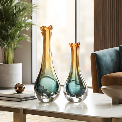 Prism multicolour handcrafted glass vases styled together on a centre table