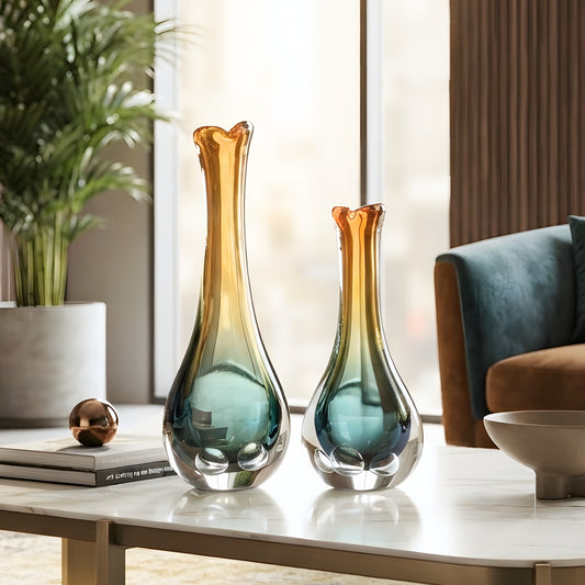 Prism multicolour handcrafted glass vases styled together on a centre table