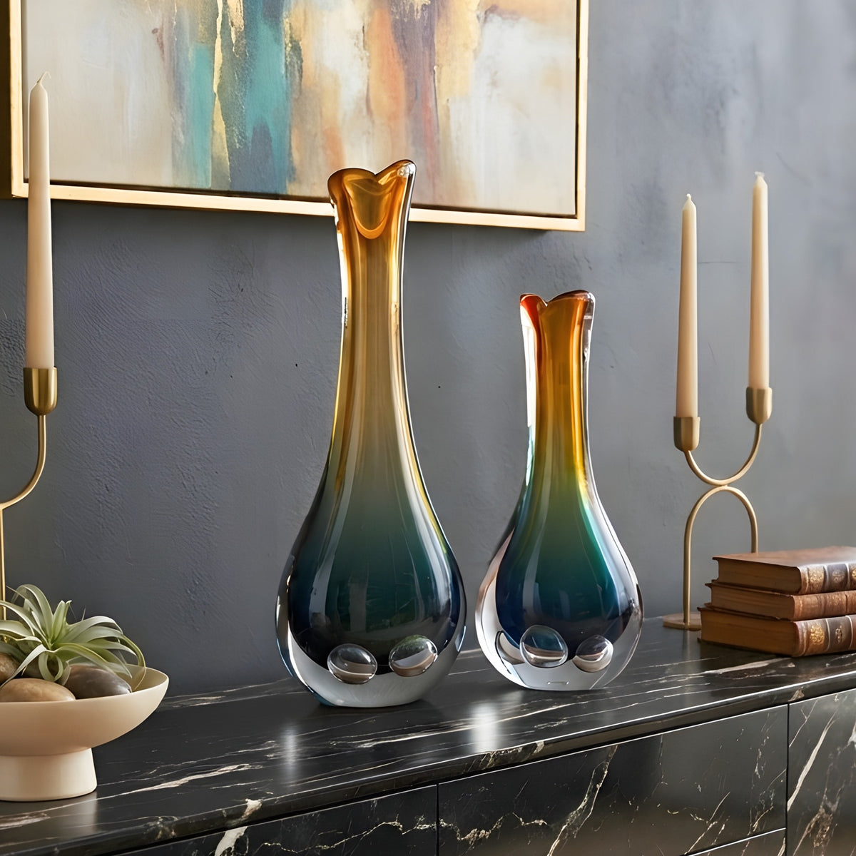 Prism Large and Small multicolour glass vases styled together on a sideboard
