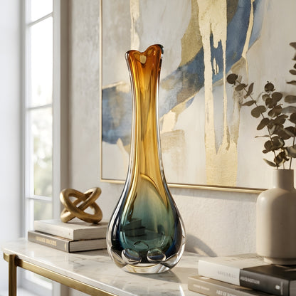 Prism Large multicolour handcrafted glass vase styled on a sideboard