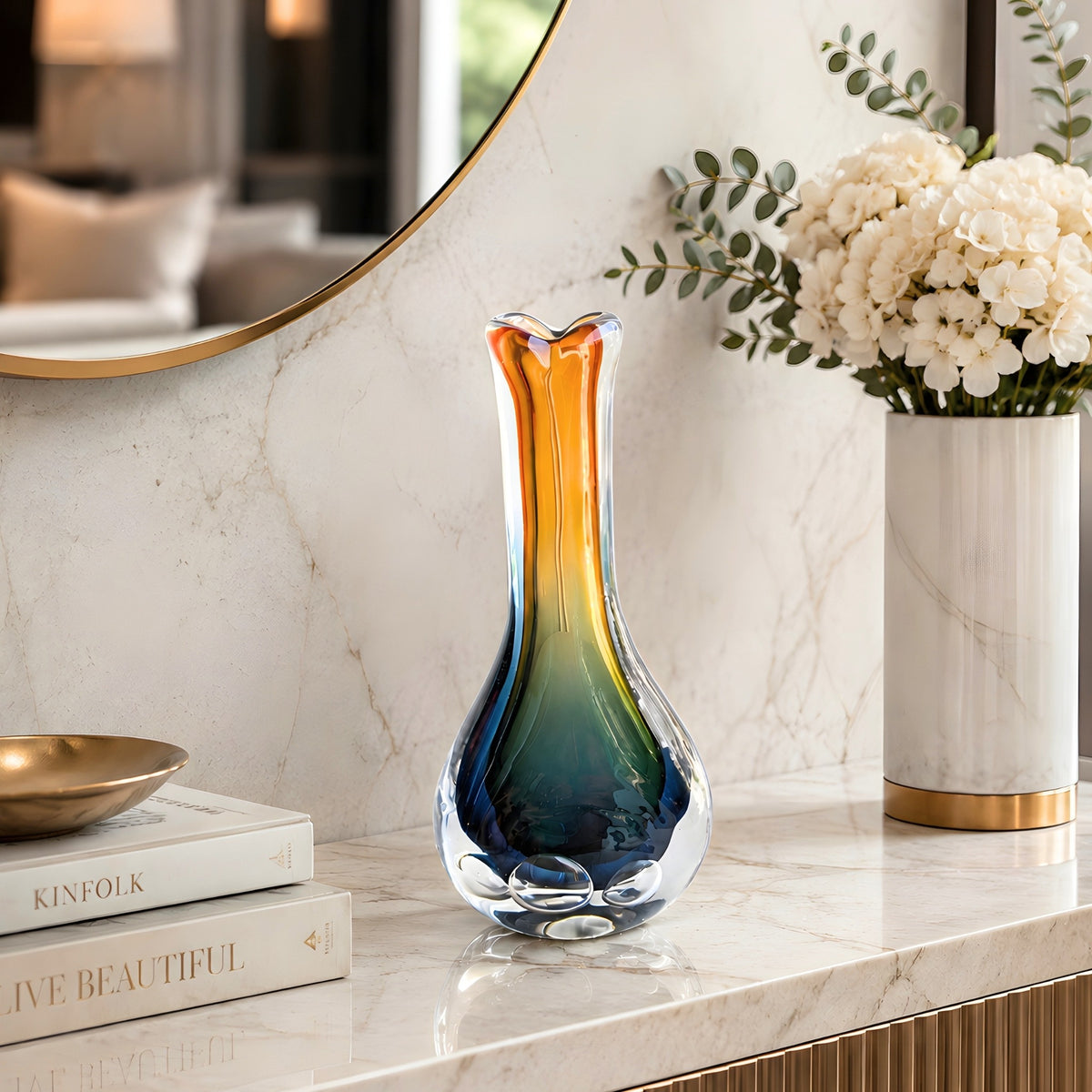Prism Small multicolour handcrafted glass vase styled on a console table