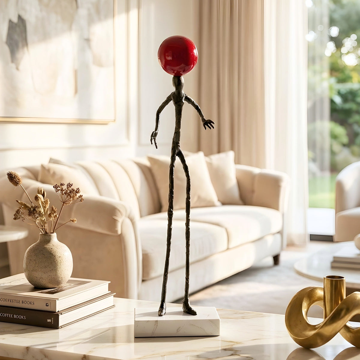 Redshift metal and marble human sculpture styled on a living room console