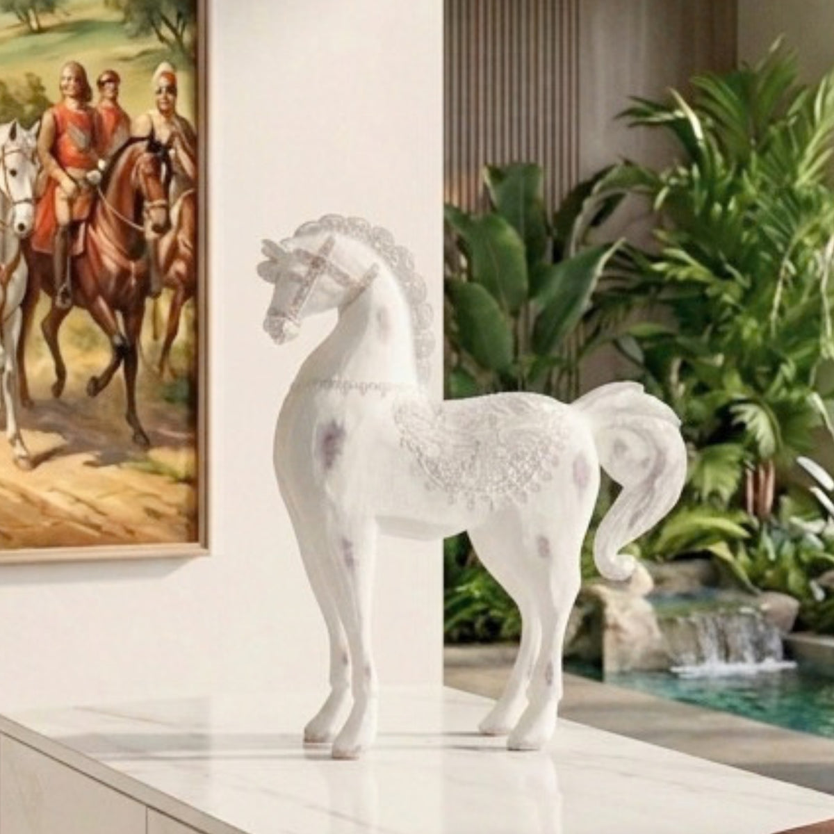 Regalia resin horse figurine styled on an entryway console beside equestrian wall art