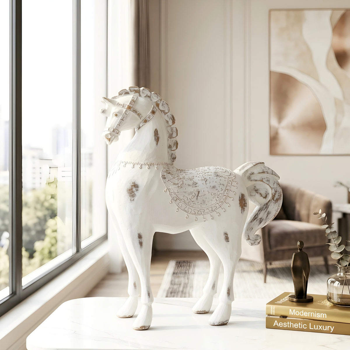 Large Regalia resin horse figurine styled beside a window in a modern living room