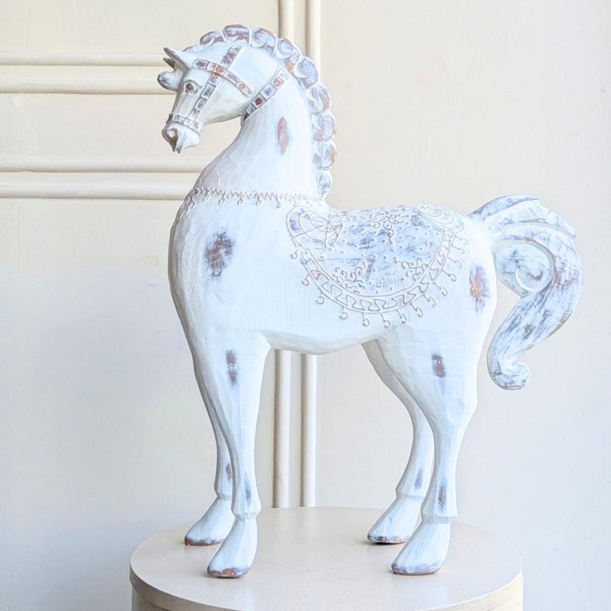 Regalia white resin horse figurine with ornate saddle detailing for console styling