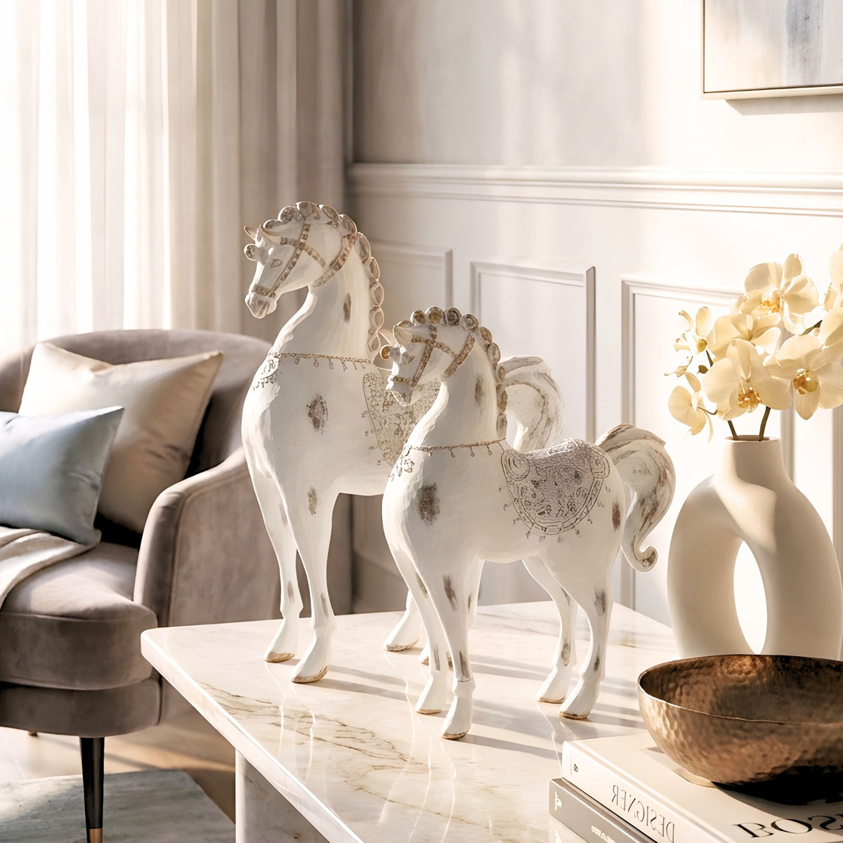 Regalia white horse figurines styled on a marble sideboard in a luxury living room