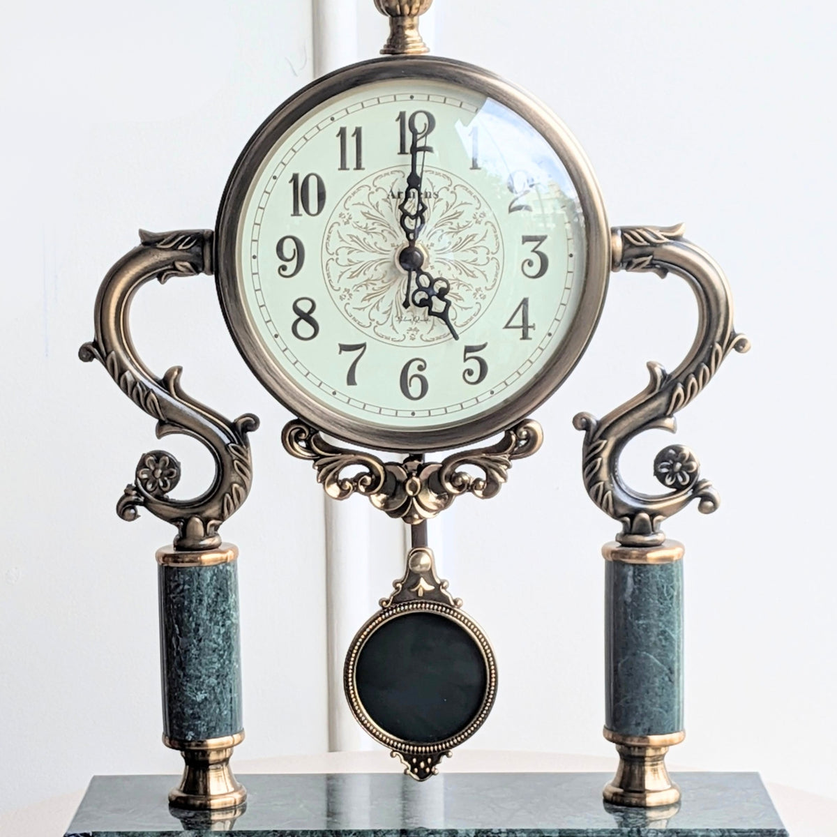 Regency ornate marble and metal table clock for console table and foyer decor