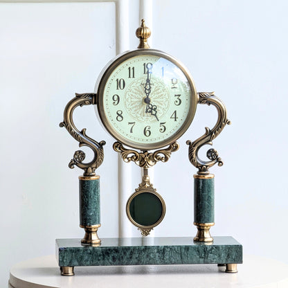 Regency green marble and antique gold metal table clock for console and sideboard styling