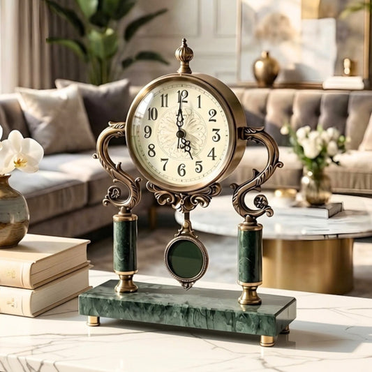Regency marble and metal table clock styled on a console table in a luxury living room