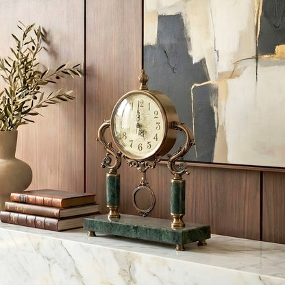 Regency decorative table clock styled on a marble sideboard in a refined living room