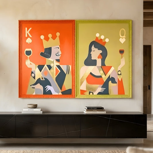 Royale gold foil King and Queen wall art styled above a black console