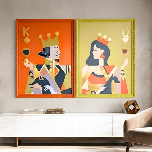Royale King and Queen premium wall art pair above a long console in a modern living room