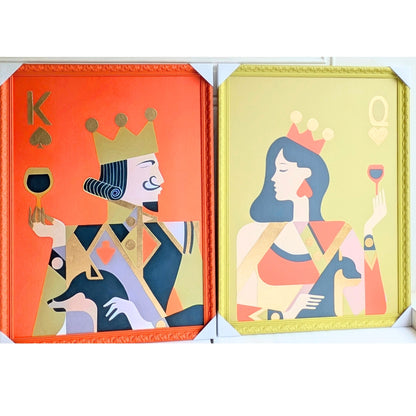 Royale King and Queen silk fabric wall art pair with orange and olive wooden frames