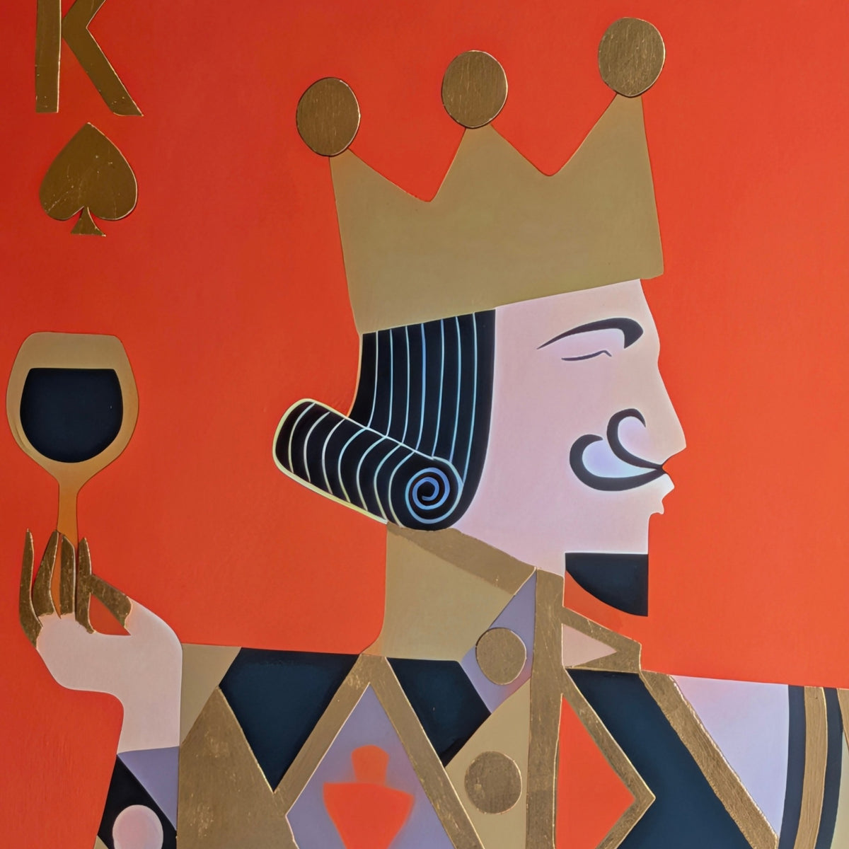 Close-up of the Royale King silk fabric painting with metallic gold foil elements