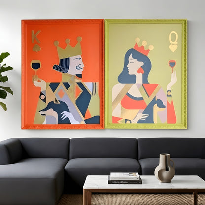 Royale large King and Queen wall art pair displayed above a charcoal sofa