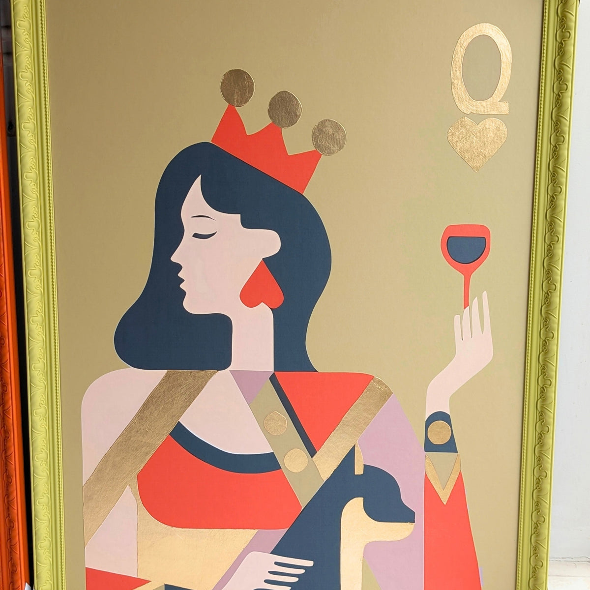Close-up of the Royale Queen silk fabric painting with metallic gold foil elements