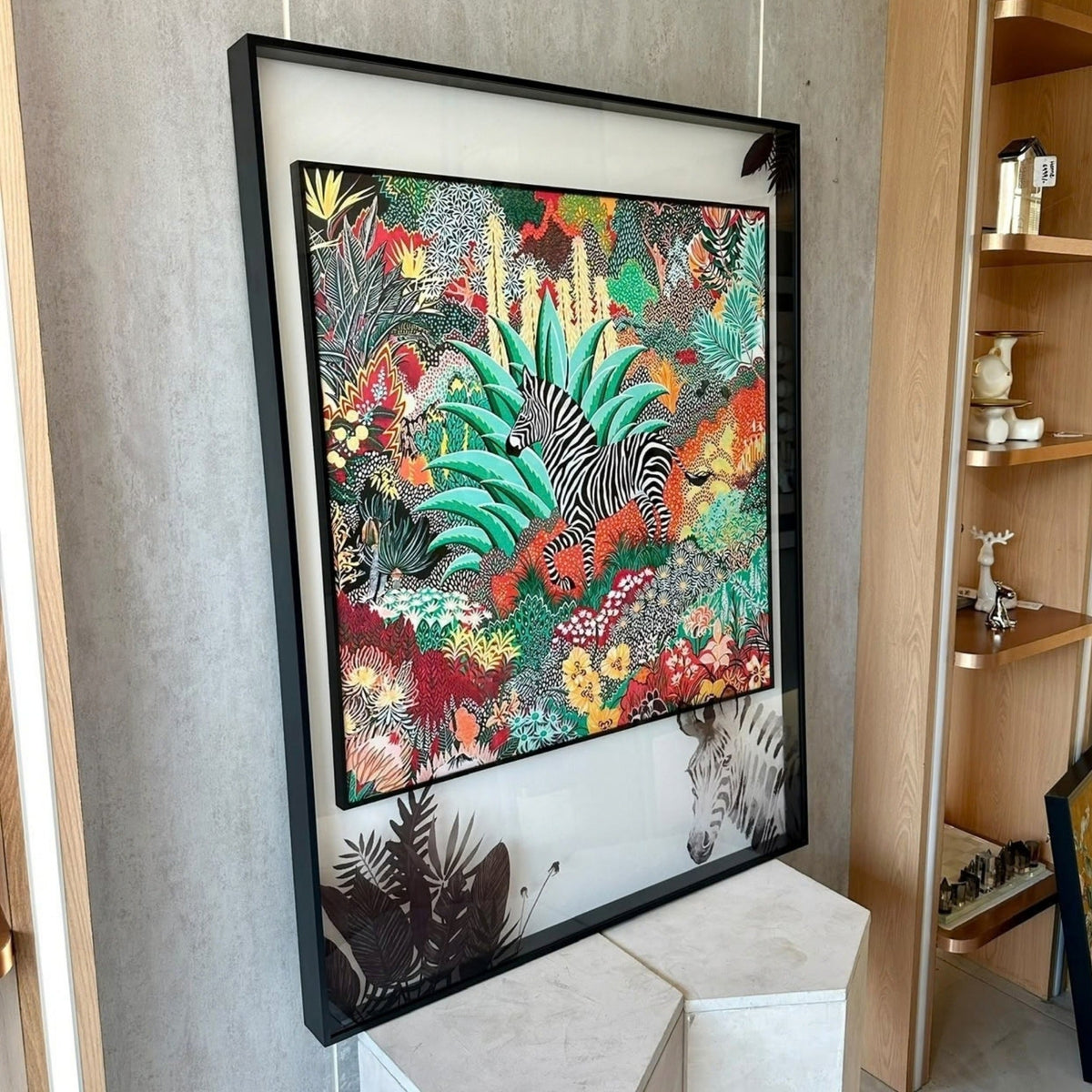 Savanna acrylic framed zebra wall art side view showing depth