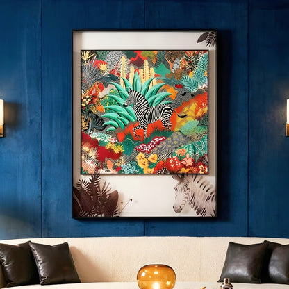 Savanna premium zebra wall art styled above sofa in luxury living room