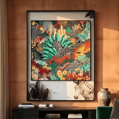 Savanna zebra wall art above entryway console in luxury interior