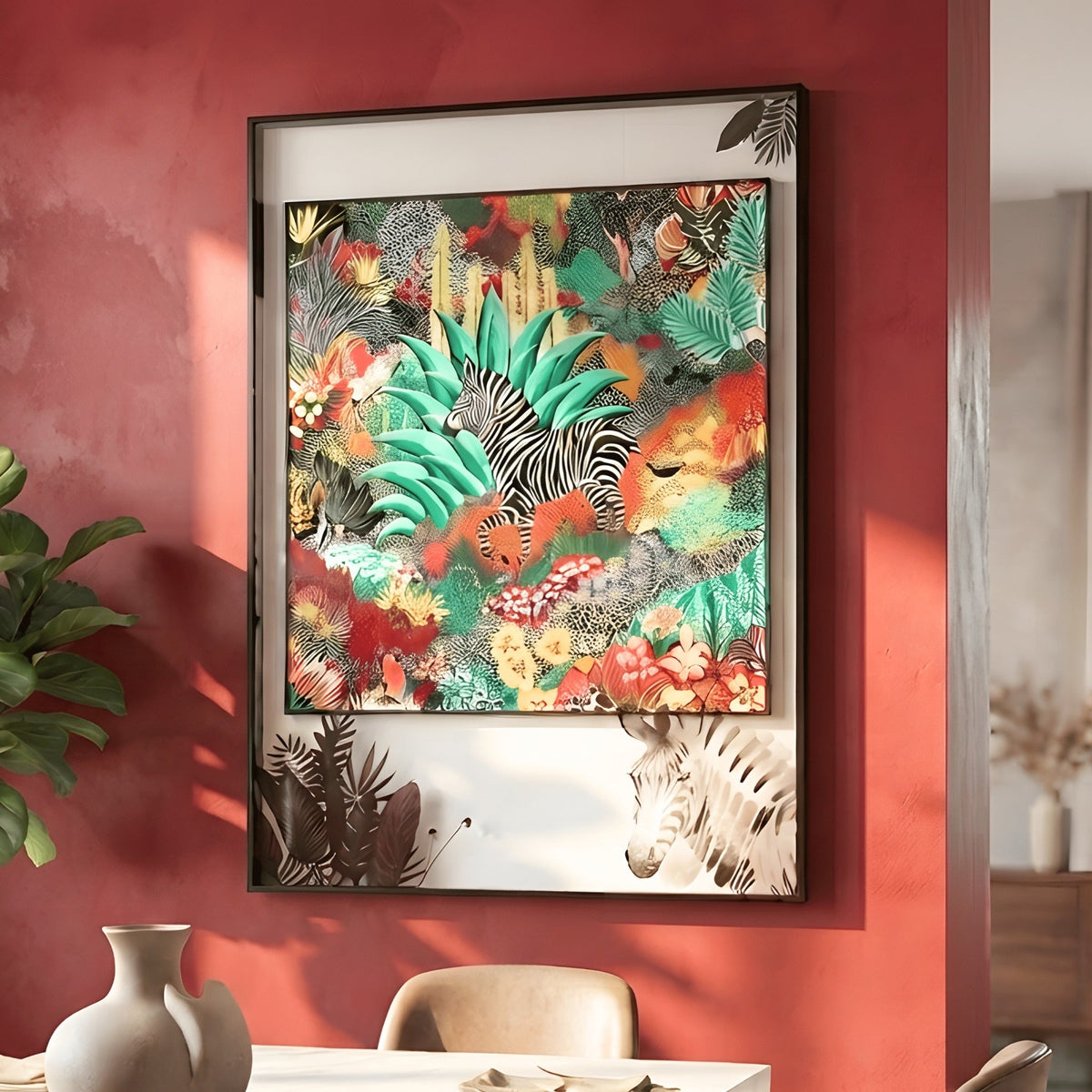 Savanna zebra themed premium wall art for dining room feature wall