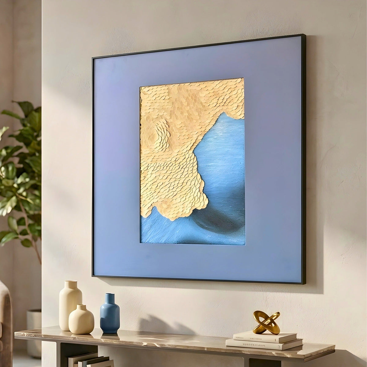 Angled view of Shore blue and gold textured leather premium wall art
