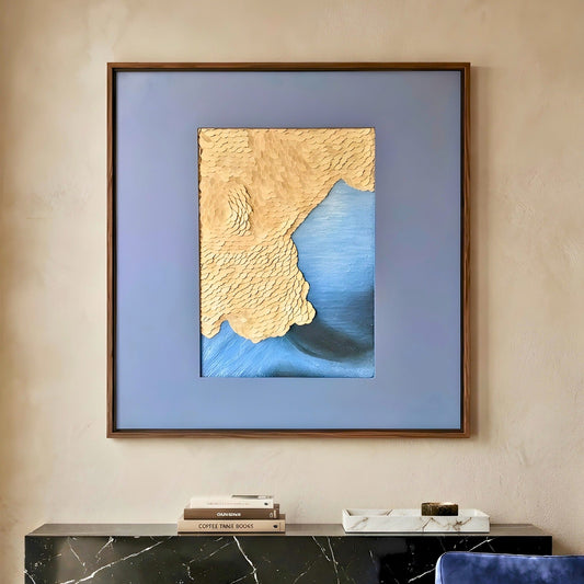Shore textured leather premium wall art styled above a console in a modern living room