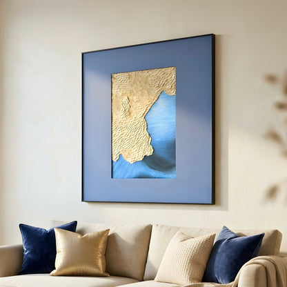 Shore 3 ft textured leather wall art styled above a living room sofa