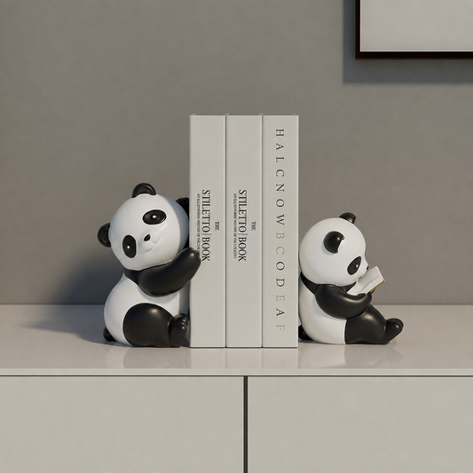 Snugglets panda bookends styled on a shelf