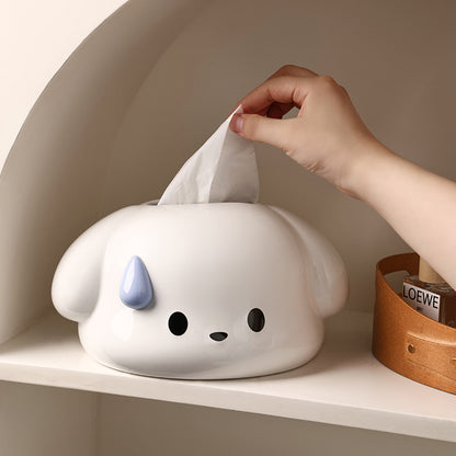 Snugglo ceramic tissue box styled on a bedroom shelf