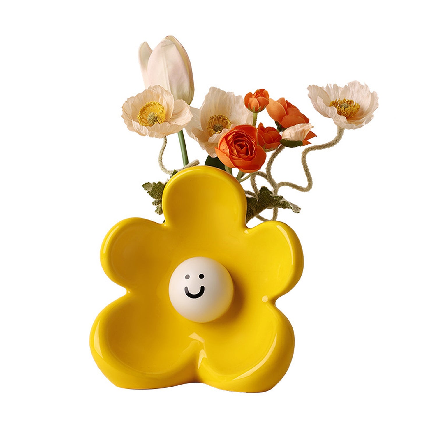Solara yellow flower-shaped ceramic vase with floral arrangement