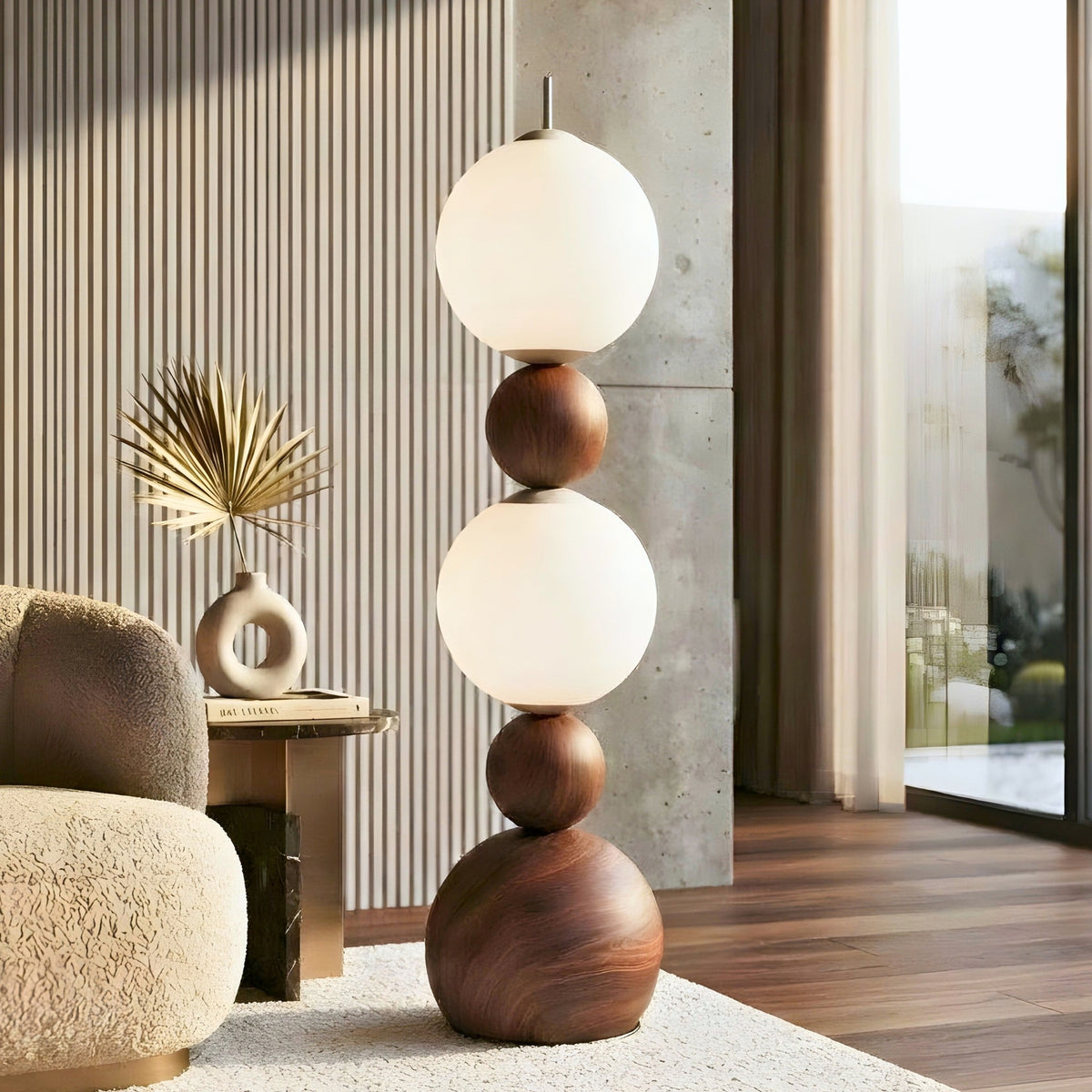 Solstice 4.9 ft floor lamp with glowing frosted glass globes and a wood-grain metal body