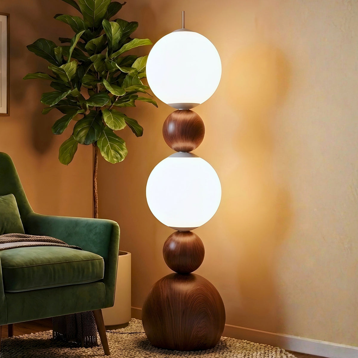 Solstice decorative floor lamp glowing beside a green accent chair