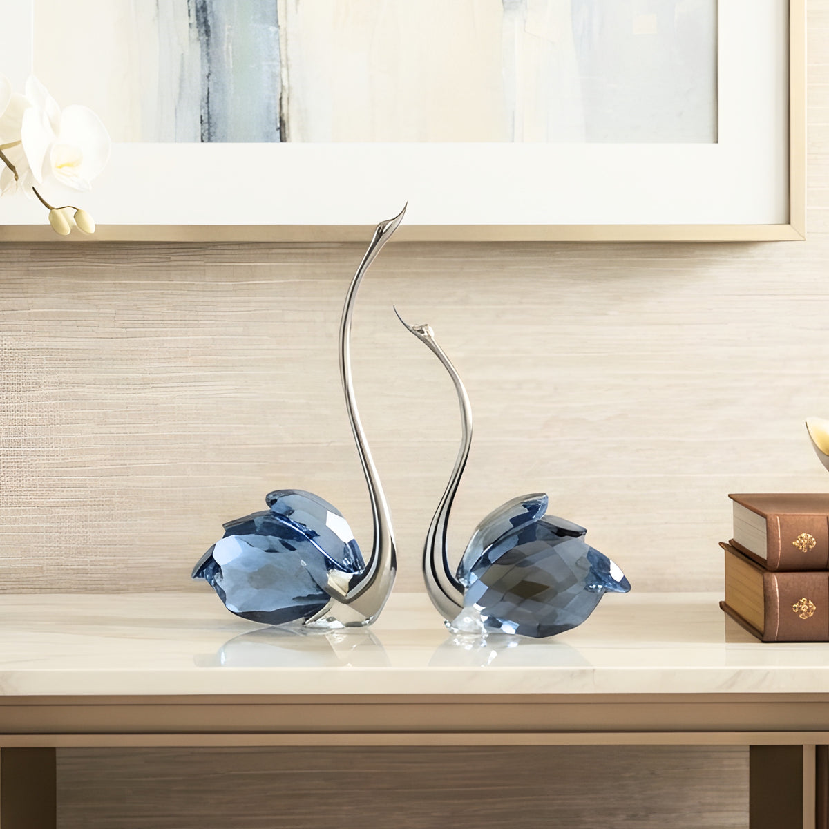 Soulmates crystal swan showpieces styled on a console table