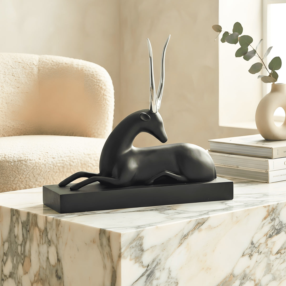 Stag black resin deer showpiece with silver-tone metal horns for luxury console and sideboard styling, view 1