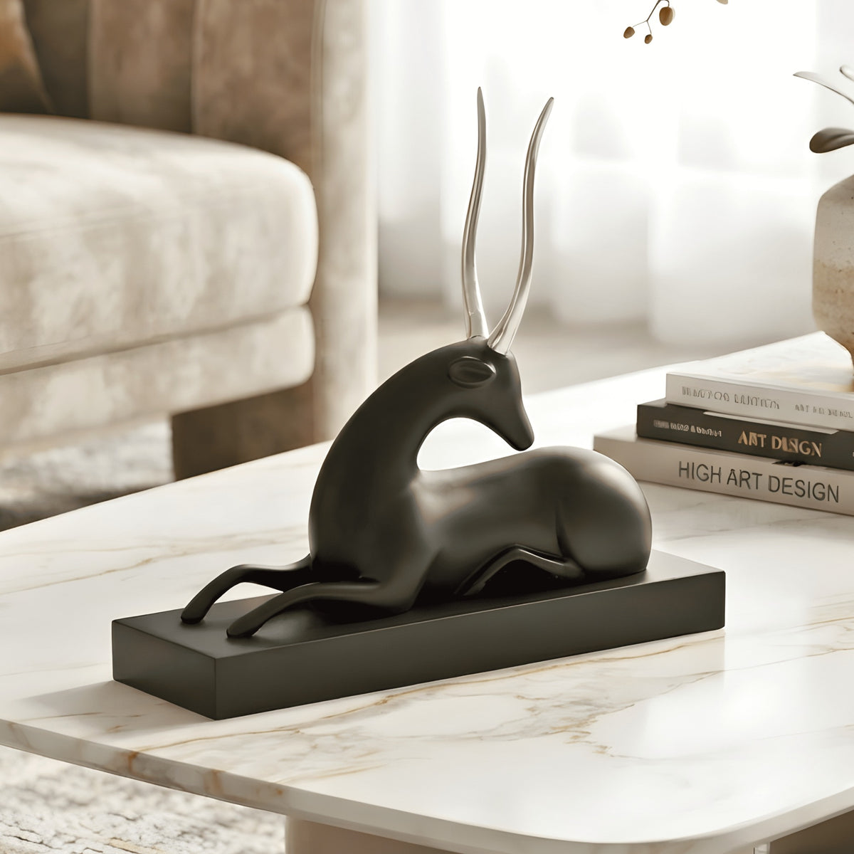 Stag black resin deer showpiece with silver-tone metal horns for luxury console and sideboard styling, view 2