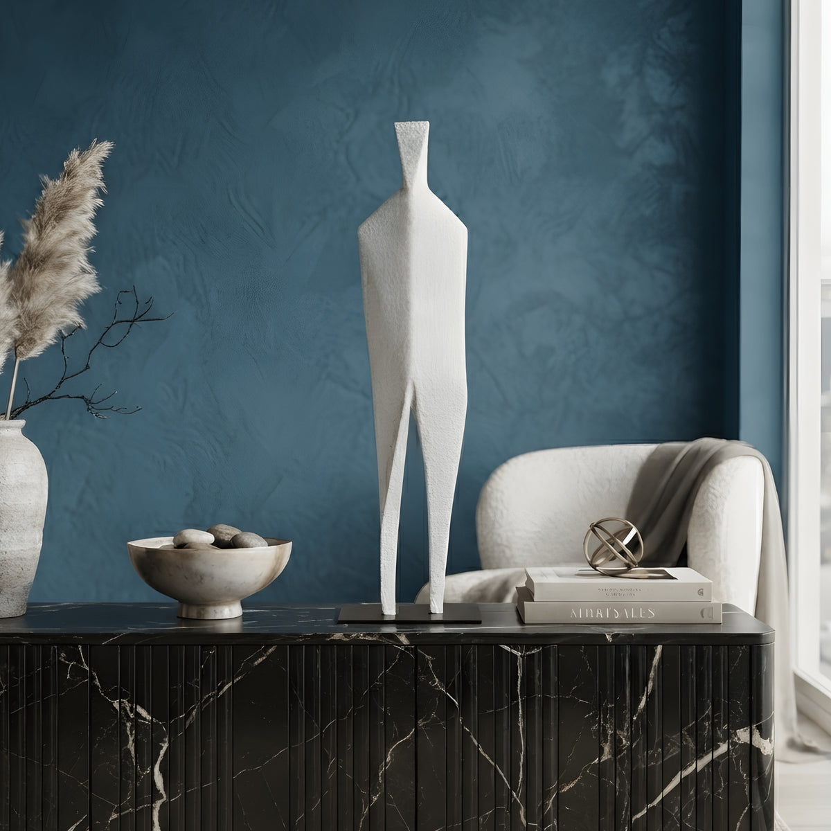 Stature white textured abstract figure sculpture for a modern living room sideboard or console